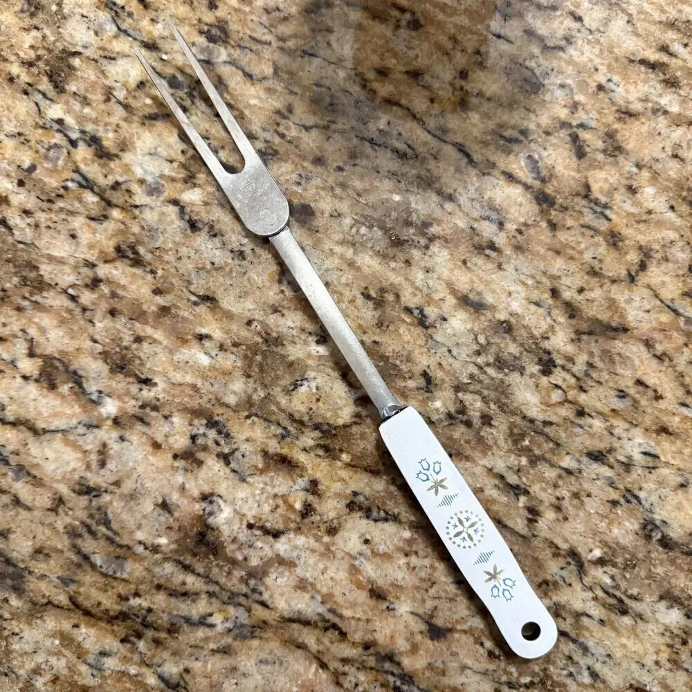 VINTAGE EKCO Serving/Carving Fork, White & Blue Folk Art Tulip Handle, Chromium